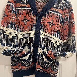 Men's Patterned Cardigan Sweater - Navy and Red